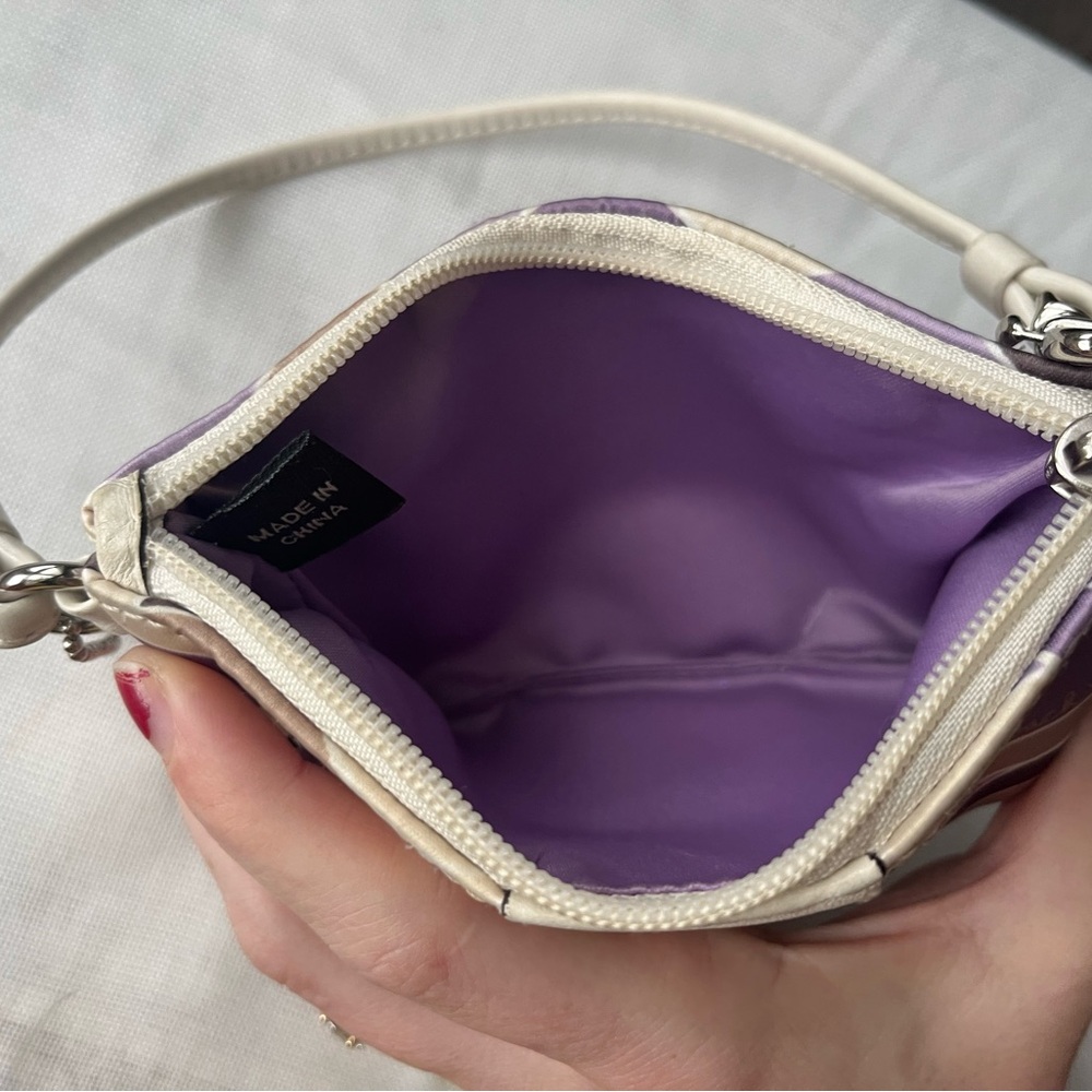Coach Purple and Cream Leather and Silk Patterned Wristlet - Picture 3 of 3